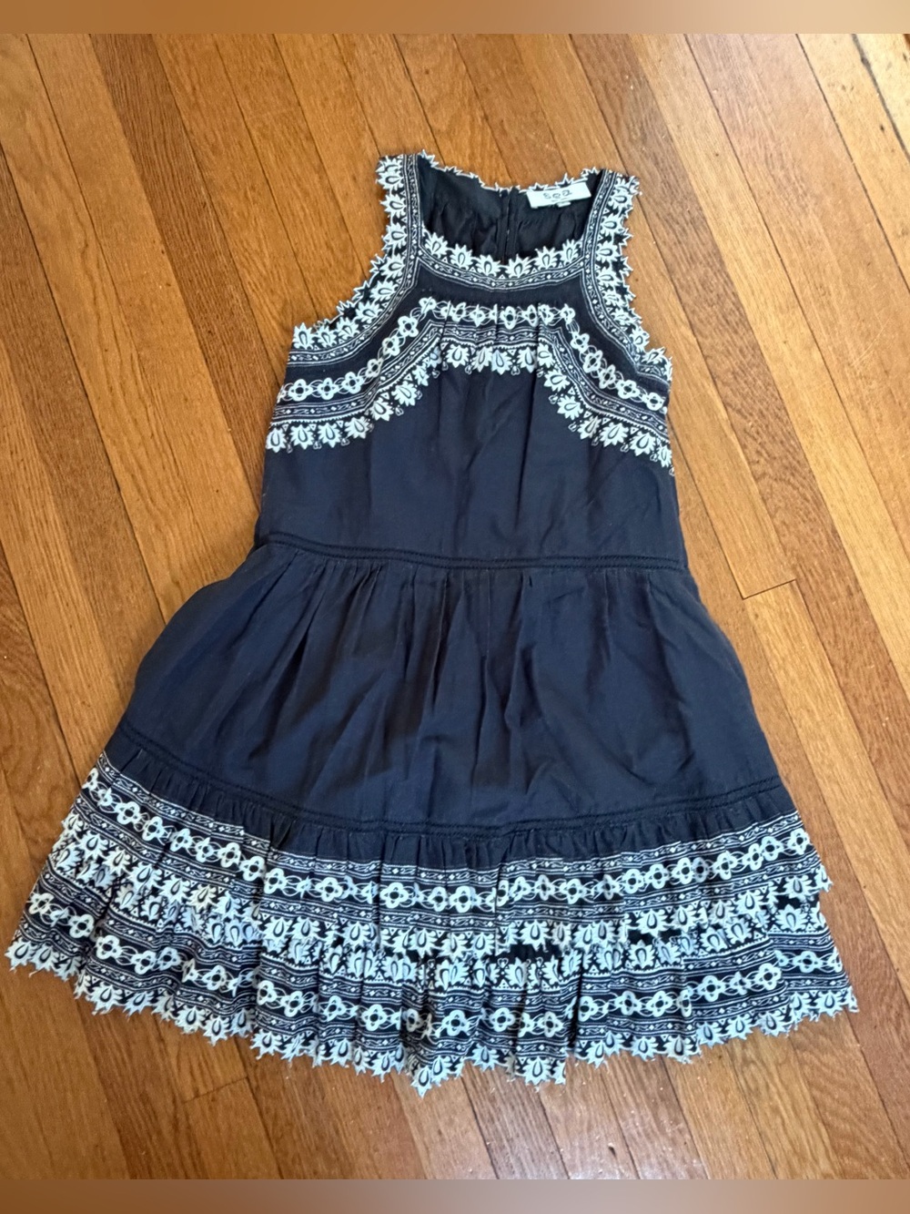 Sea Amina Black Mini Dress with White Embroidered Trim. Small.